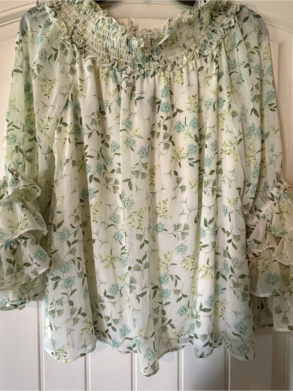 CeCe White Off-Shoulder Blouse with Mint Floral Print - Picture 5 of 6